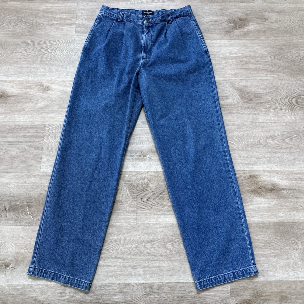 VTG Dockers Denim Double Pleated Pants Mens 32x32 Fits 30x31 Wide Jeans Trousers